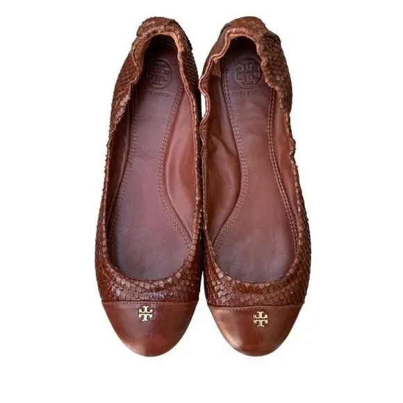Tory Burch York Brown Leather Python Scale Cap Toe Ballet Flats Sz 8 - Picture 3 of 7